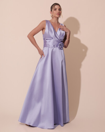 Foto Vestido de Festa Longo Plus Size Zibeline Faixa e Flor Lilás