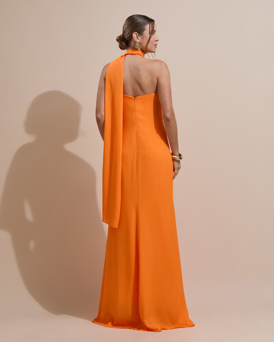 FotoVestido de Festa Longo Crepe Chiffon Um Ombro Só Drapeado Laranja