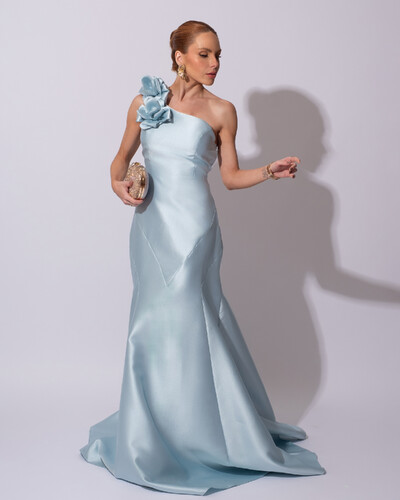 Foto Vestido de Festa Longo Zibeline um Ombro Só Flor Removível Saia Sereia Tiffany