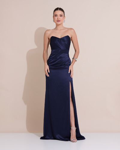 Foto Vestido de Festa Longo Cetim Alfaiataria Tomara que Caia Fenda Azul Marinho