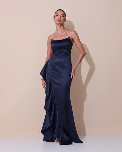 Foto Vestido de Festa Longo Tomara que Caia Cetim Babado Fenda Azul Marinho Escuro