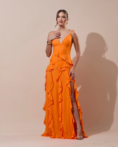 Foto Vestido de Festa Longo Decote V Crepe Chiffon Babados Cascata e Fenda Laranja