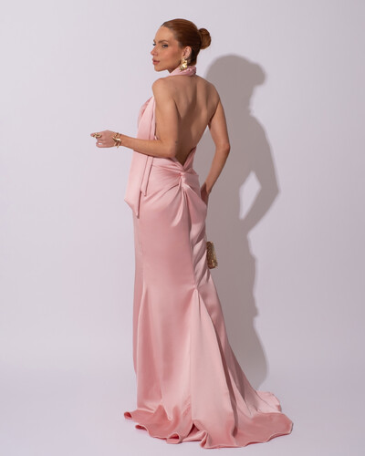 FotoVestido de Festa Longo em Cetim Alfaiataria com Elastano Frente Única Rose Gold