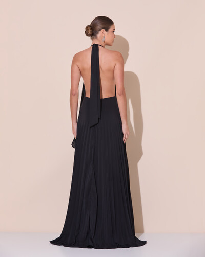 Foto Vestidos de Festa Longo Chiffon Fluido Frente Única Plissado Duplo Preto