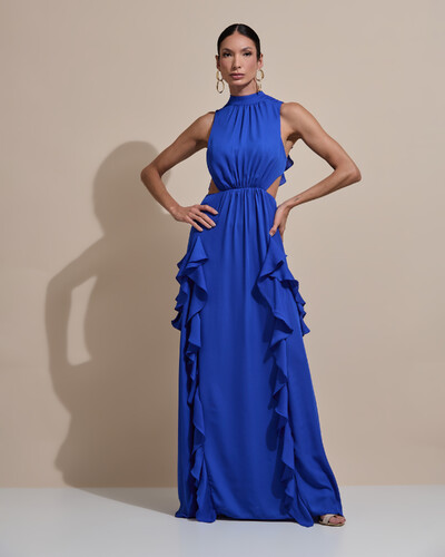 Foto Vestido de Festa Longo Gola Alta Crepe Chiffon Recortes Babados Cascata Azul Royal