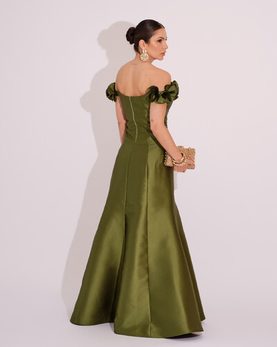 FotoVestido Longo de Festa Zibeline Ombro a Ombro com Flores e Fenda Verde Oliva