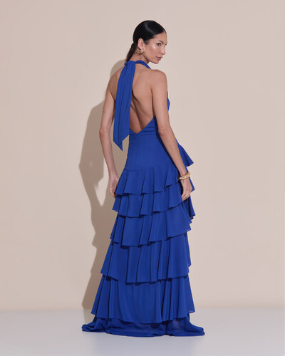 Foto Vestido De Festa Longo Frente Única Degagê Crepe Chiffon Babados Mullet Azul Royal