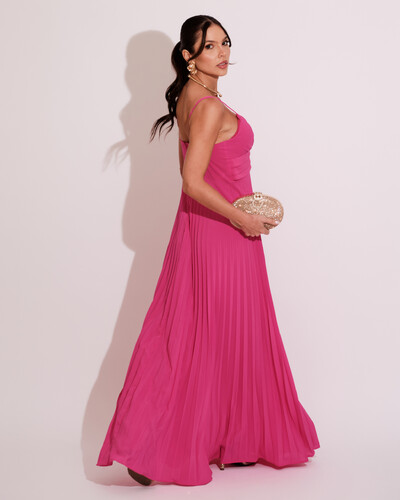 FotoVestido de Festa Longo Plissado Crepe Chiffon com Alça Hot Pink