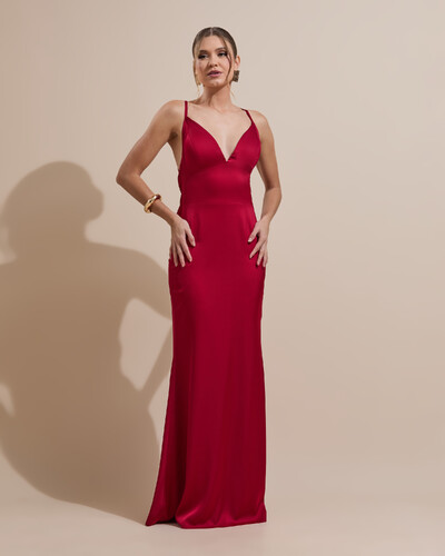 Foto Vestido de Festa Longo Costas Abertas Laço Cetim Decote V Marsala