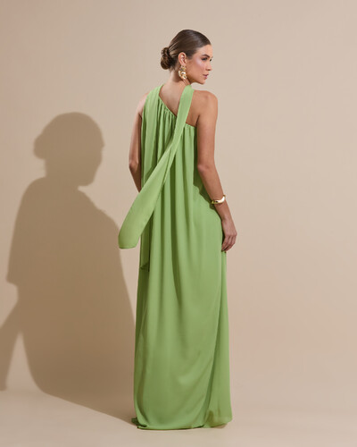 Foto Vestido de Festa Longo Crepe Fluido um Ombro Só com Lenço Verde Garden