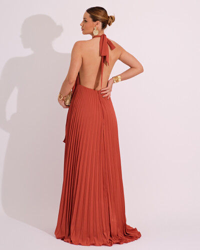 FotoVestidos de Festa Longo Chiffon Fluido Frente Única Plissado Duplo Terracota