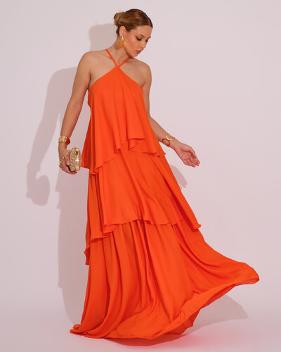 Foto Vestido Longo Babado em Camadas Laranja