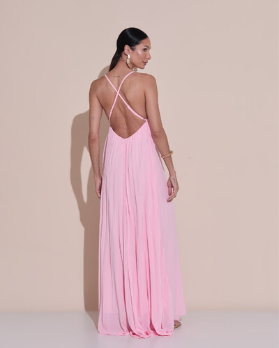 Foto Vestido de Festa Longo Plissado Crepe Chiffon Decote V Alças Finas Rosa Claro