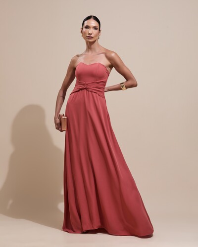 Foto Vestido de Festa Longo Tomara Que Caia Crepe Chiffon Drapeado Capa Terracota