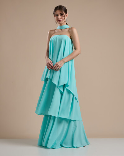 Foto Vestido de Festa Longo Chiffon Crepe em Camadas com Lenço Tiffany