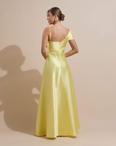 FotoVestido de Festa longo Faixa Ombro e Fenda Zibeline Amarelo Manteiga