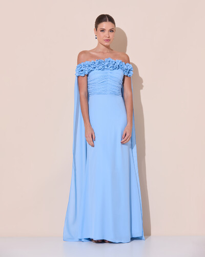 Foto Vestido de Festa Longo Ombro a Ombro Plissado Crepe Chiffon Capa Flor 3D Serenity