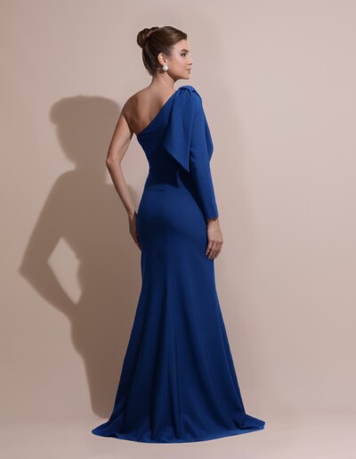 FotoVestido de Festa com Laço de Um Ombro em Alfaiataria Fenda Azul Royal