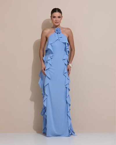 Foto Vestido de Festa Longo Crepe Chiffon Frente Única Babados Cascata e Flor Azul Atlantis