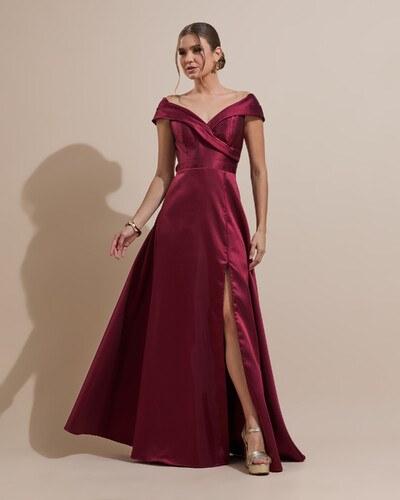 Foto Vestido de Festa Longo Zibeline Ombro a Ombro com Fenda Marsala Escuro