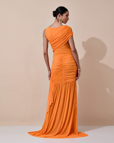 Foto Vestido de Festa Longo Tule Faixa Detalhe Drapeado Laranja New