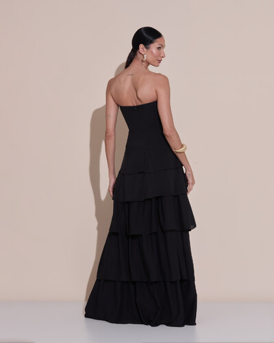 Foto Vestido de Festa Longo Tomara que Caia Drapeado Crepe Chiffon Babados Camadas Preto