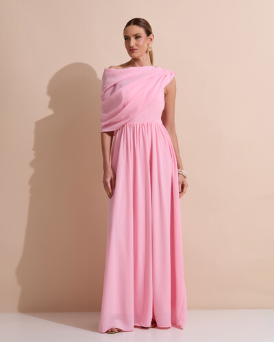 Foto Vestido de Festa Longo Um Ombro Só Crepe Chiffon Capa Drapeado Rosa Claro