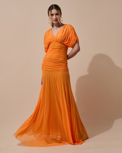 Foto Vestido de Festa Longo Tule Manga Curta Drapeado Laranja New
