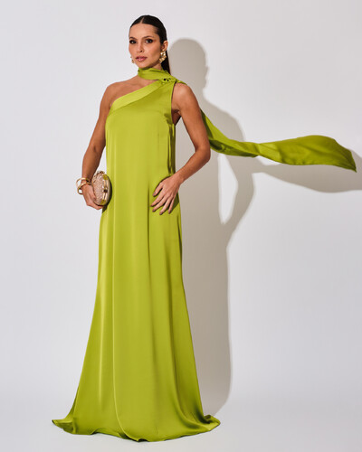 Foto Vestido de Festa Longo Cetim Fluido Um Ombro Só Lenço Fixo Verde Lima