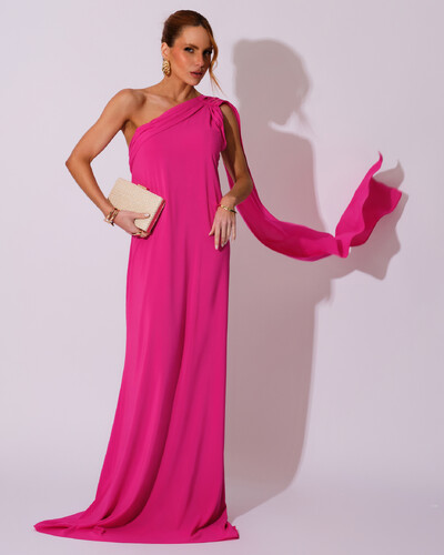 Foto Vestido de Festa Longo Crepe Chiffon Um Ombro Só Drapeado Pink