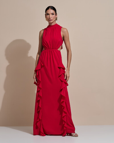 Foto Vestido de Festa Longo Gola Alta Crepe Chiffon Recortes Babados Cascata Vermelho