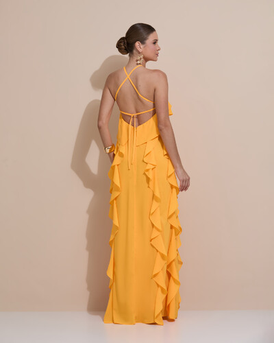 Foto Vestido de Festa Longo Crepe Chiffon Frente Única Babados Cascata e Flor Laranja Manga New