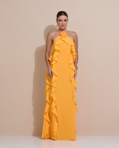 Foto Vestido de Festa Longo Crepe Chiffon Frente Única Babados Cascata e Flor Laranja Manga New