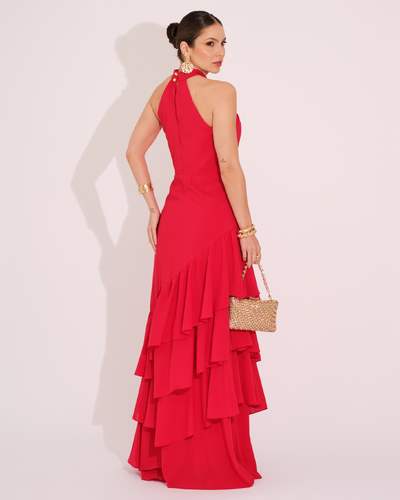 FotoVestido de Festa Longo Decote Halter com Babados Vermelho