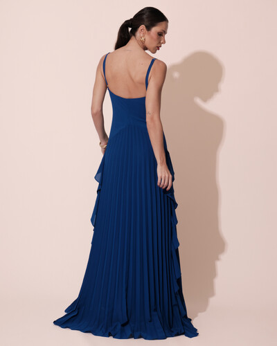 FotoVestido de Festa Longo Crepe Chiffon Alça Fina Saia Plissada com Babado Cascata Azul Royal