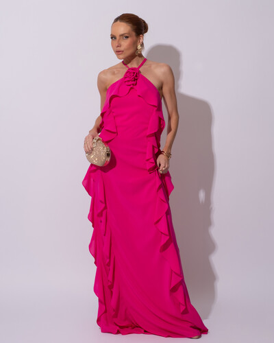 Foto Vestido de Festa Longo Crepe Chiffon Frente Única Babados Cascata e Flor Pink