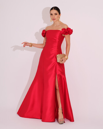 Foto Vestido Longo de Festa Zibeline Ombro a Ombro com Flores e Fenda Vermelho