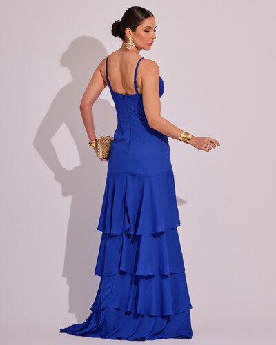 FotoVestido Longo Frente Única em Crepe com Babados e Camadas Azul Royal