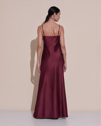 Foto Vestido de Festa Midi Drapeado Cetim Marsala