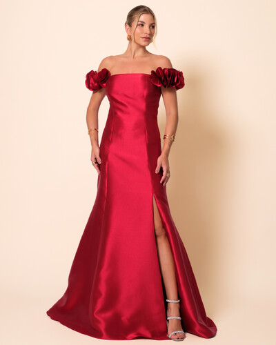 Foto Vestido Longo de Festa Zibeline Ombro a Ombro com Flores e Fenda Marsala