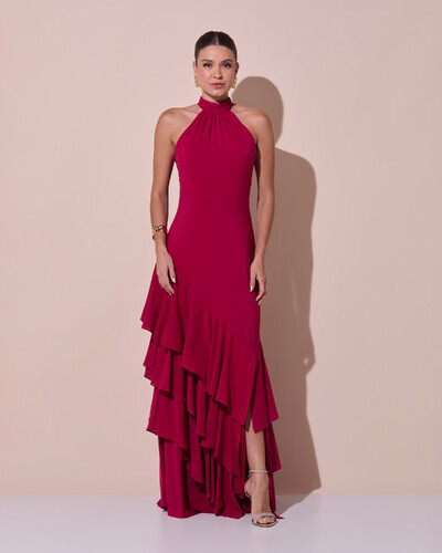 Foto Vestido de Festa Longo Chiffon Crepe Gola Alta Babados Cereja