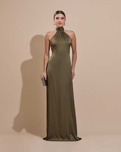 Foto Vestido de Festa Gola Alta com Decote nas Costas Acetinado Verde Oliva