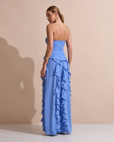 Foto Vestido de festa Longo Tomara que Caia Crepe Chiffon com Bababos Cascata e Fenda Azul Atlantis