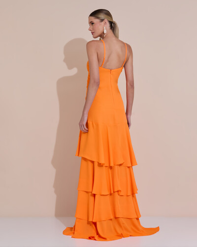 Foto Vestido Longo Crepe com Babado em Camadas Laranja