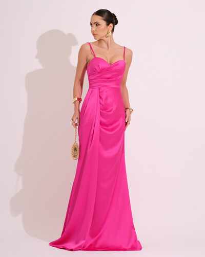 Foto Vestido de Festa Longo Cetim Alfaiataria Fenda Drapeada Pink