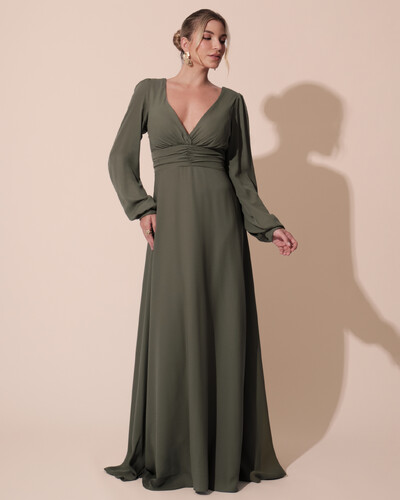 Foto Vestido de Festa Manga Longa com Cintura Drapeada Decote V Verde Oliva