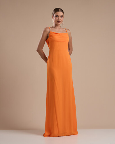 Foto Vestido de Festa Longo Crepe Chiffon Costas Lenço Cauda Laranja