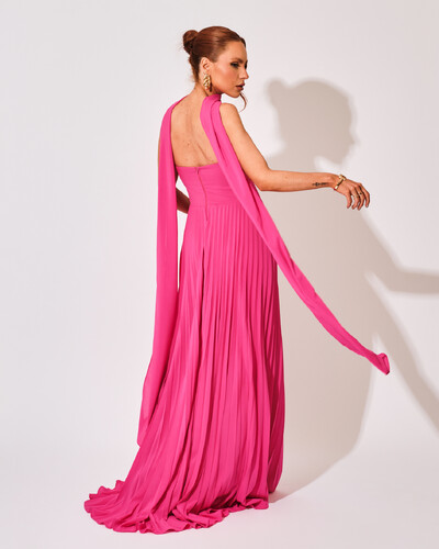 FotoVestido de Festa Longo Tomara que Caia Plissado com Lenço Pink