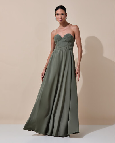 Foto Vestido de Festa Longo Tomara que Caia Crepe Chiffon Decote Coração Lenço Verde Oliva