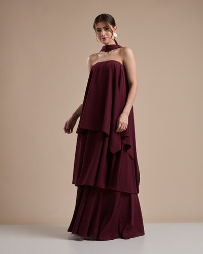 Foto Vestido de Festa Longo Chiffon Crepe em Camadas com Lenço Marsala